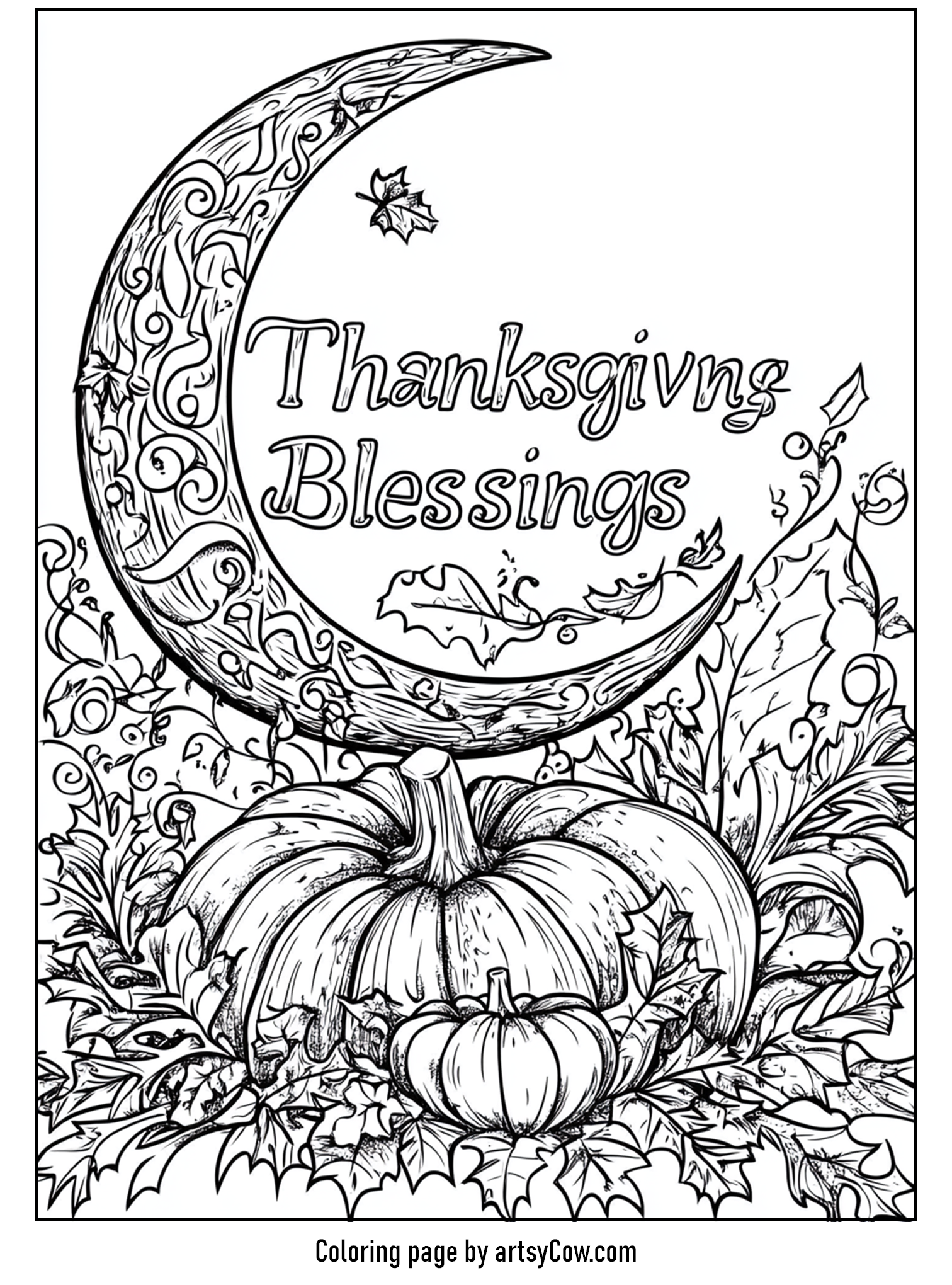 Thanksgiving coloring pages for adults featuring a serene scene of a harvest moon, decorative pumpkins, leaves, and swirling vines, with the words 'Thanksgiving Blessings'.